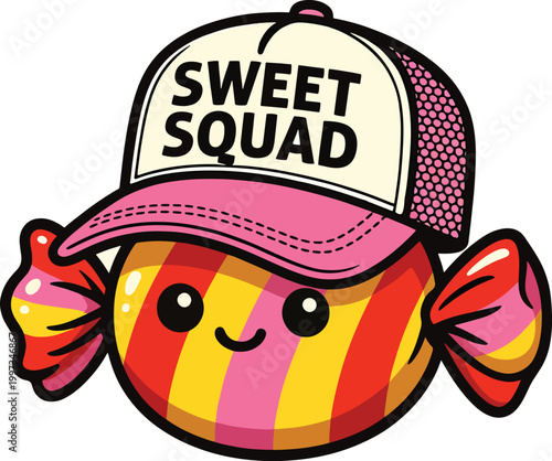 A cute cartoon candy character wearing a pink and white trucker hat labeled with sweet squad text Vector