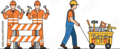 Construction Workers with Tools and Safety Barriers in Industrial Setting for Building, Labor, and Site Management Design Projects
