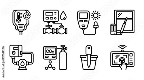 Set of line art icons depicting technology and instrumentation equipment