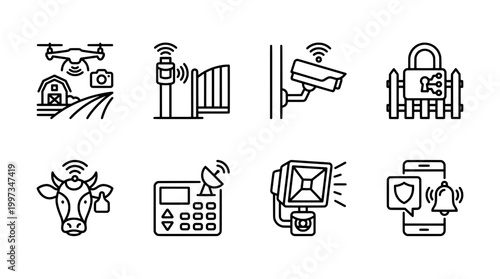 Smart farm security system drone cctv access control icons