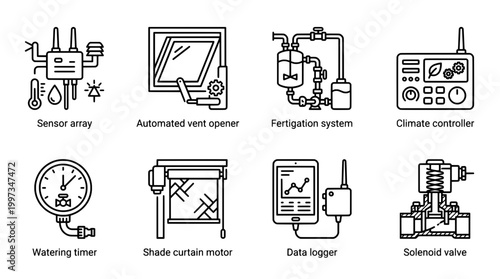 Smart farming technology icons sensor timer controller and automation elements