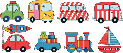 Cute and Colorful Vehicle Icons Including Cars, Rockets, Trains, and Sailboats for Fun, Playful, and Travel Design Projects