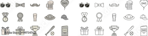 Collection of icons for fathers day celebration with gifts and awards.