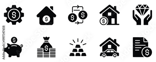 Black and white icons of finance and money management