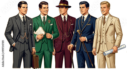 Five Stylish Men in Vintage Suits with Accessories like Hats, Briefcases, and Canes for Fashion and Formal Wear Illustration