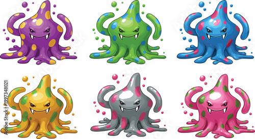 Cute cartoon slime monsters set with colorful goo creatures illustrating fantasy characters, playful design, game assets, and fun vector illustration collection