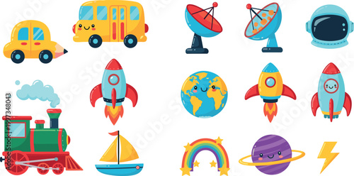 Cute Cartoon Transportation and Space Icons Including Cars, Rockets, Satellites, and Planets for Fun, Adventure, and Exploration Design Projects