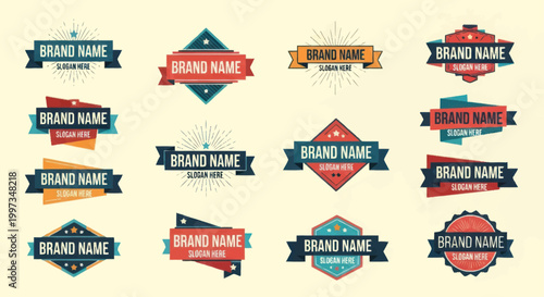 Collection of modern brand name badges and labels.