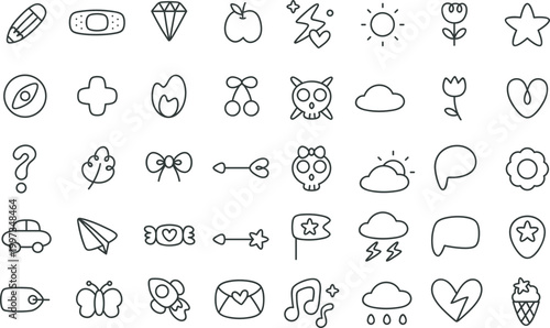 Hand drawn vector alphabet set featuring a sketch doodle collection of coffee icons and cake food elements with a cartoon heart design illustration