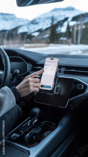 Driver touches blank smartphone mockup on dashboard holder in modern car interior during winter trip with mobile app space.