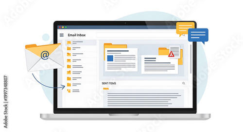 A person views emails on a laptop screen with notifications and an envelope icon, showing online communication in a digital workspace.