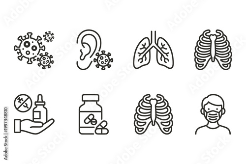 Illustrated medical and health icons showing virus symptoms treatment and prevention concepts in line art