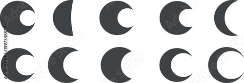 Dark gray crescent moon phases icons set vector. Ten solid moon phase symbols on white background for astronomy, app and web design. EPS10
