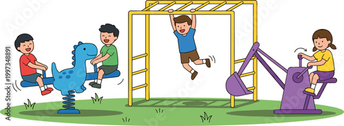 Kids Enjoying Playground Equipment including Dino Spring Rider, Climbing Bar, and Seesaw for Outdoor Fun and Active Play