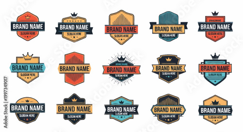 Collection of Vintage and Modern Emblem Badges for Brand Names.