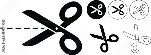 Scissors cut tool icon set collection group, cutting snip trim symbols, craft sewing office stationery elements, black flat and line style vector illustration isolated transparent background