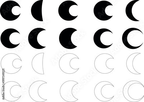 Black crescent moon phases icons set vector. Bold solid and outline moon phase symbols collection on white background for astronomy, app and web design. EPS10
