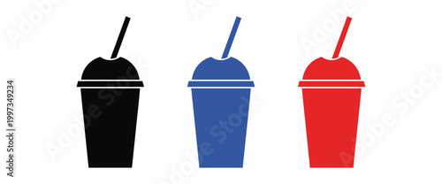 Three colorful slush drink cups with straws in black blue and red isolated on transparent background