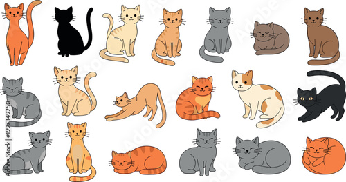 Cute Cat Illustration Set with Various Poses, Colors, and Breeds for Pet, Animal, and Cartoon Design Projects