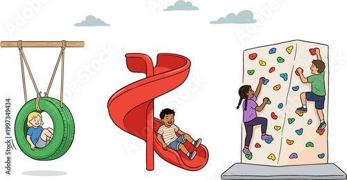 Kids Playing on Playground Equipment including Tire Swing, Slide, and Climbing Wall for Fun, Outdoor, and Active Play Designs