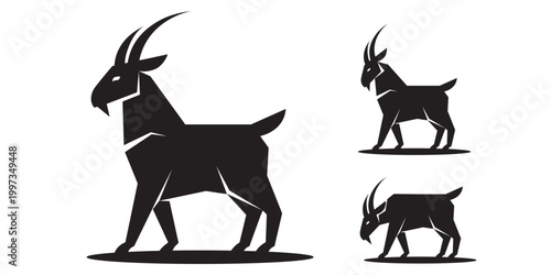 Set of three stylized black goat silhouettes in standing and grazing poses. Modern geometric vector illustration, perfect for logos, icons, and mascot designs.