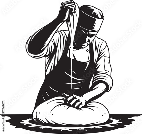 Black and white of a man kneading dough apron chef hat