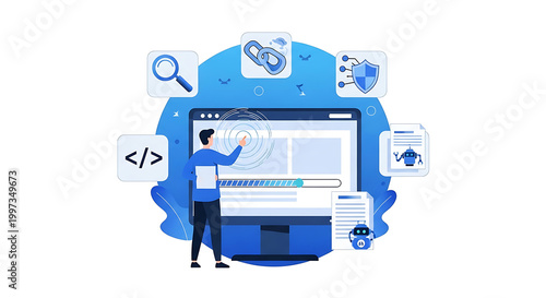 A developer interacts with a large computer screen surrounded by coding symbols and technology icons in a modern workspace.