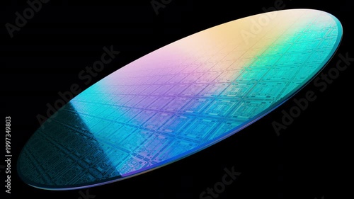 Iridescent semiconductor wafer in seamless loop with alpha channel, futuristic microchip surface 3D render static camera overlay