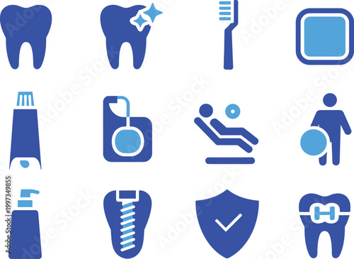 Dental Care Solid Icon Set Featuring Tooth, Toothbrush, Mouthwash, Implant, Shield and Oral Hygiene Editable Vector Illustration
