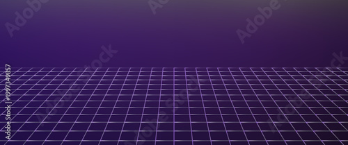Neon wireframe horizon background. Light purple grid room floor in perspective. Glow violet retro futuristic wallpaper. Abstract checkered plane landscape. Game floor surface. Vector backdrop