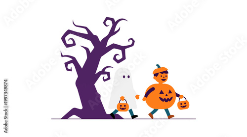 Two children dressed in ghost and pumpkin costumes walk past a spooky purple tree while carrying trick or treat baskets