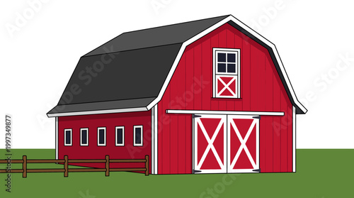 Traditional red farm barn with white trim and a gambrel roof sits on a green grassy field with a wooden fence