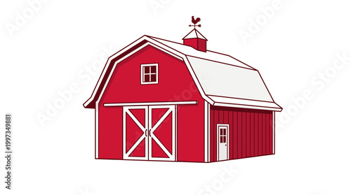 A classic red barn illustration with a white gambrel roof and a rooster weather vane on top isolated on a white background