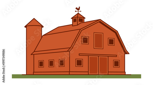 Minimalist vector illustration of a classic red farm barn featuring a silo and a rooster weather vane on the roof