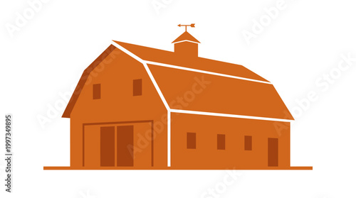 A minimalist orange barn icon with a weather vane and cupola stands isolated on a white background representing traditional agriculture