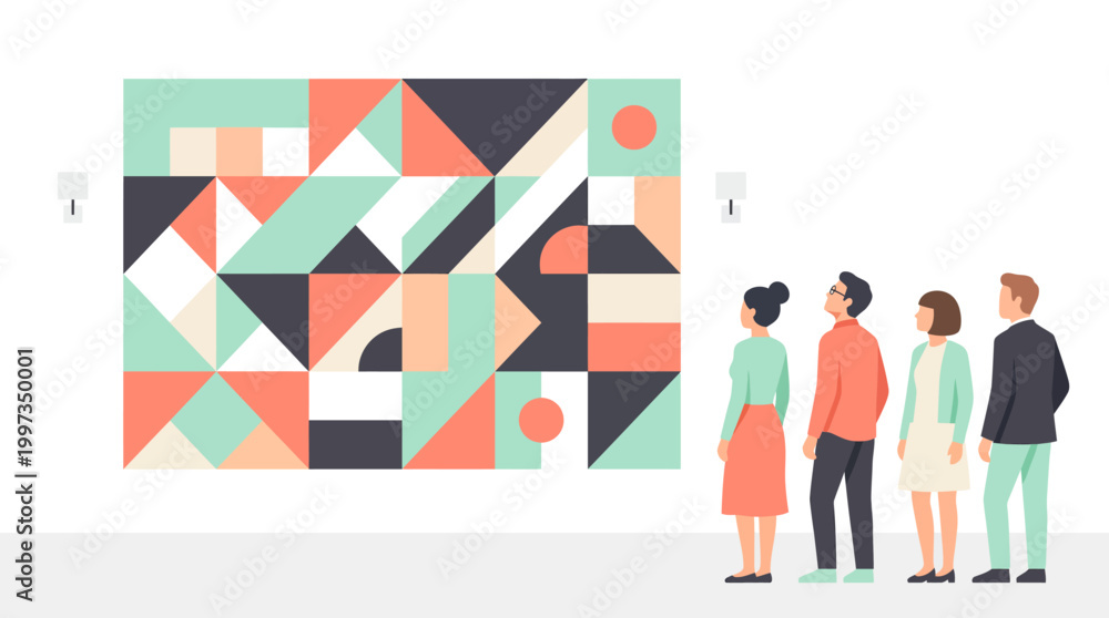 Fototapeta premium A group of people standing in a modern art gallery while looking at a large abstract geometric painting on a white wall
