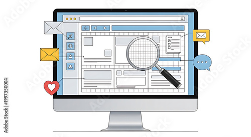 A computer monitor displays a webpage design with a magnifying glass on the screen surrounded by various icons and symbols on a clean desk.
