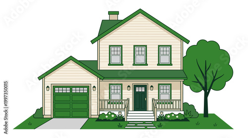 A charming two-story family home features a green roof and a matching garage door surrounded by a lush garden and a large tree