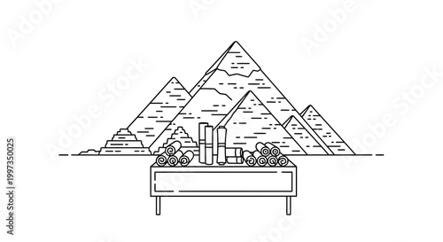 Ancient Egyptian Pyramids and Table with Gifts Illustration.