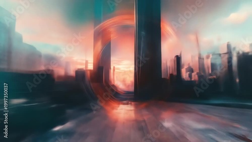 Abstract futuristic city landscape with vibrant colors and motion blur