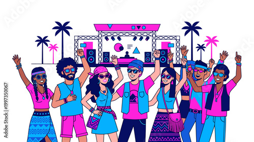 A group of diverse young people dancing and cheering at an outdoor summer music festival with a stage and palm trees in the background