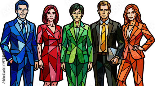 Stylized Stained Glass Illustration of Diverse Business Professionals in Colorful Suits with Tablets, Standing Confidently