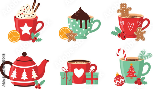 Christmas Holiday Hot Drinks Vector Set with Festive Mugs Teapot Cocoa Coffee Gingerbread Holly Candy Cane and Cozy Winter Beverage Elements