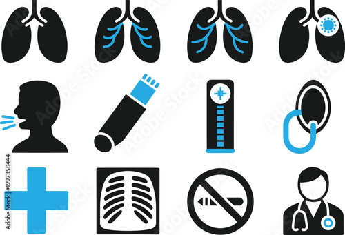 Medical and Healthcare Solid Icon Set Featuring Lungs, Inhaler, Oxygen Mask, Doctor, Nurse, and Respiratory Treatment Editable Vector Illustration