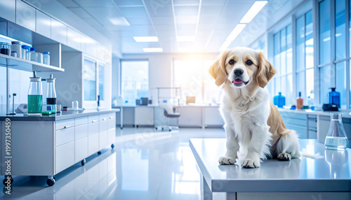Cute dog sitting on a table in a clean modern veterinary clinic laboratory