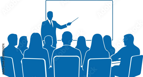 Professional business leader pointing to a blank screen while delivering an important presentation to a group of attentive office employees