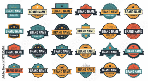 Collection of various brand name logos and badges.