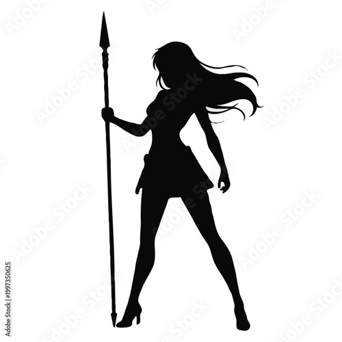 Silhouette of a warrior woman holding a spear
