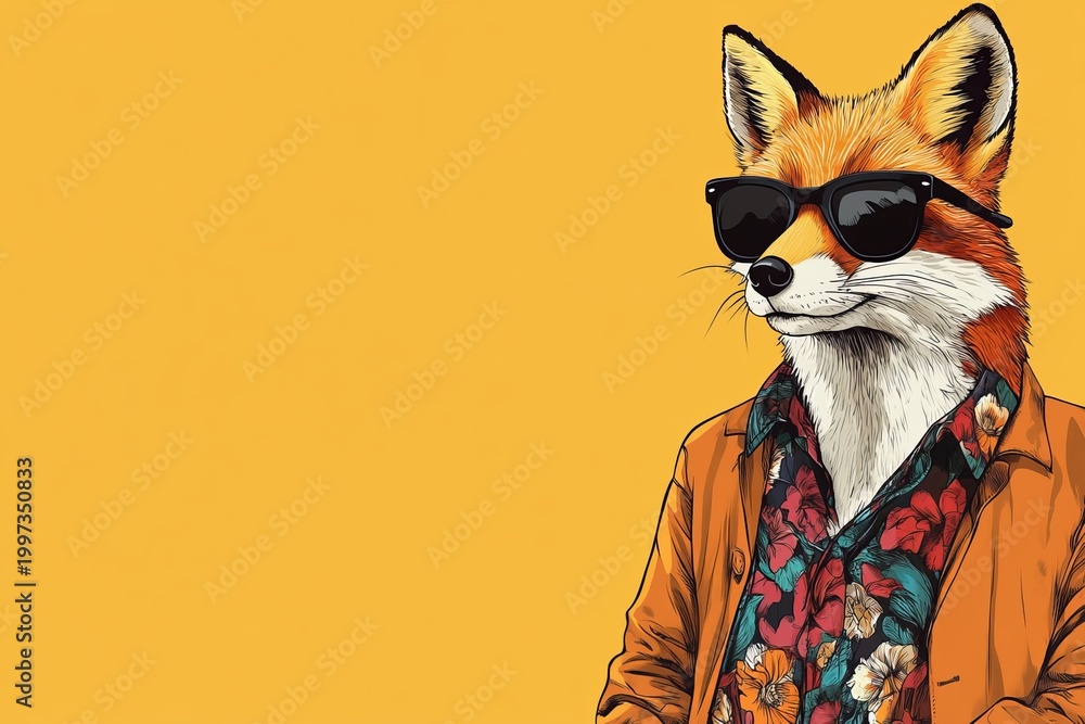 Fototapeta premium Cool fox dressed in stylish clothes and sunglasses poses for a trendy look against a bright yellow background