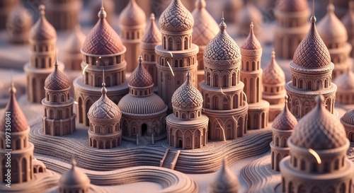 A miniature model of a city with many domed buildings and towers